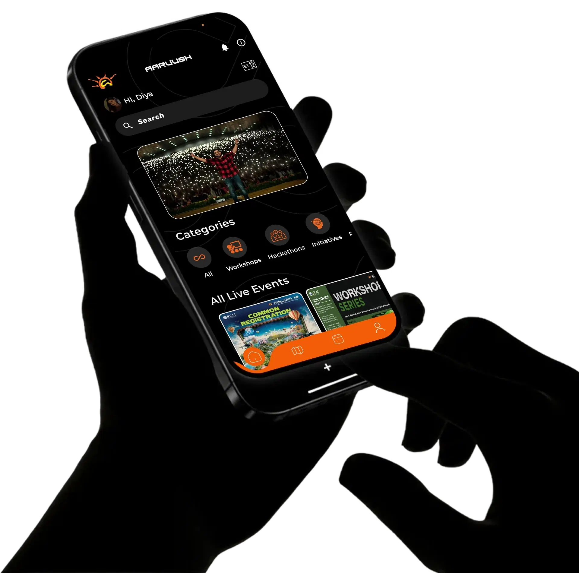 A hand holding a phone with the Aaruush Connect app open